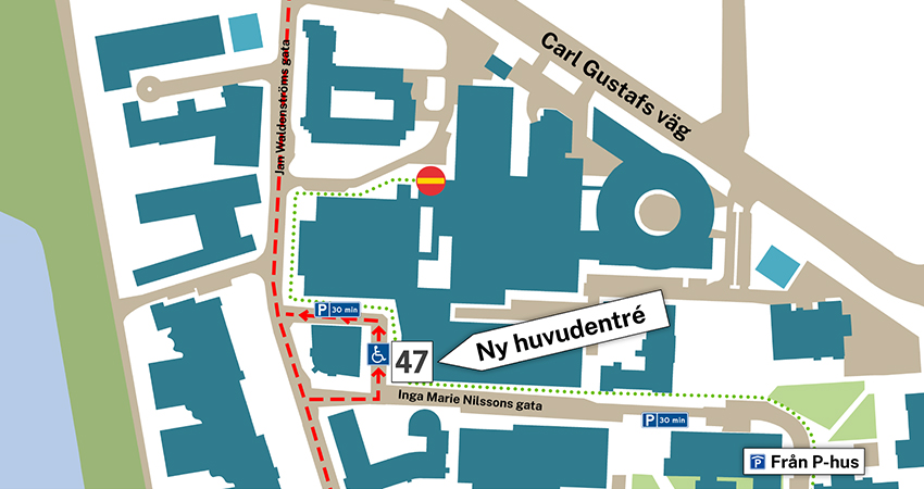 Illustrerad karta som pekar ut nya huvudentrén på sjukhusområdet i Malmö