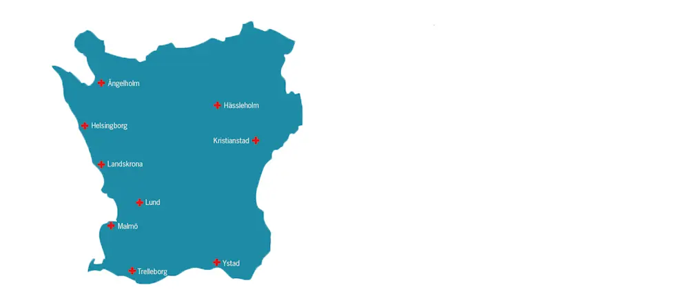 Karta över Skåne med sjukhusen utmärkta.