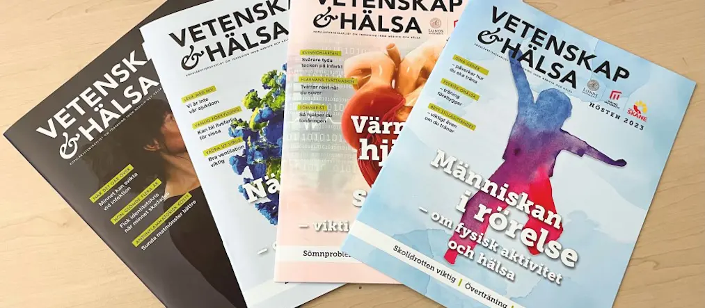 Fyra nummer av tidningen Vetenskap och hälsa ligger på ett bord.