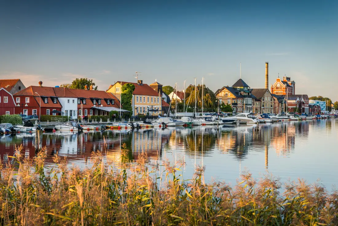 Småbåtshamn med äldre hus längst med hamnen. I förgrunden syns högt gräs och himlen är blå.