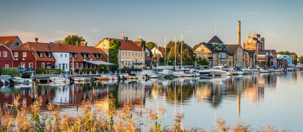 Småbåtshamn med äldre hus längst med hamnen. I förgrunden syns högt gräs och himlen är blå.