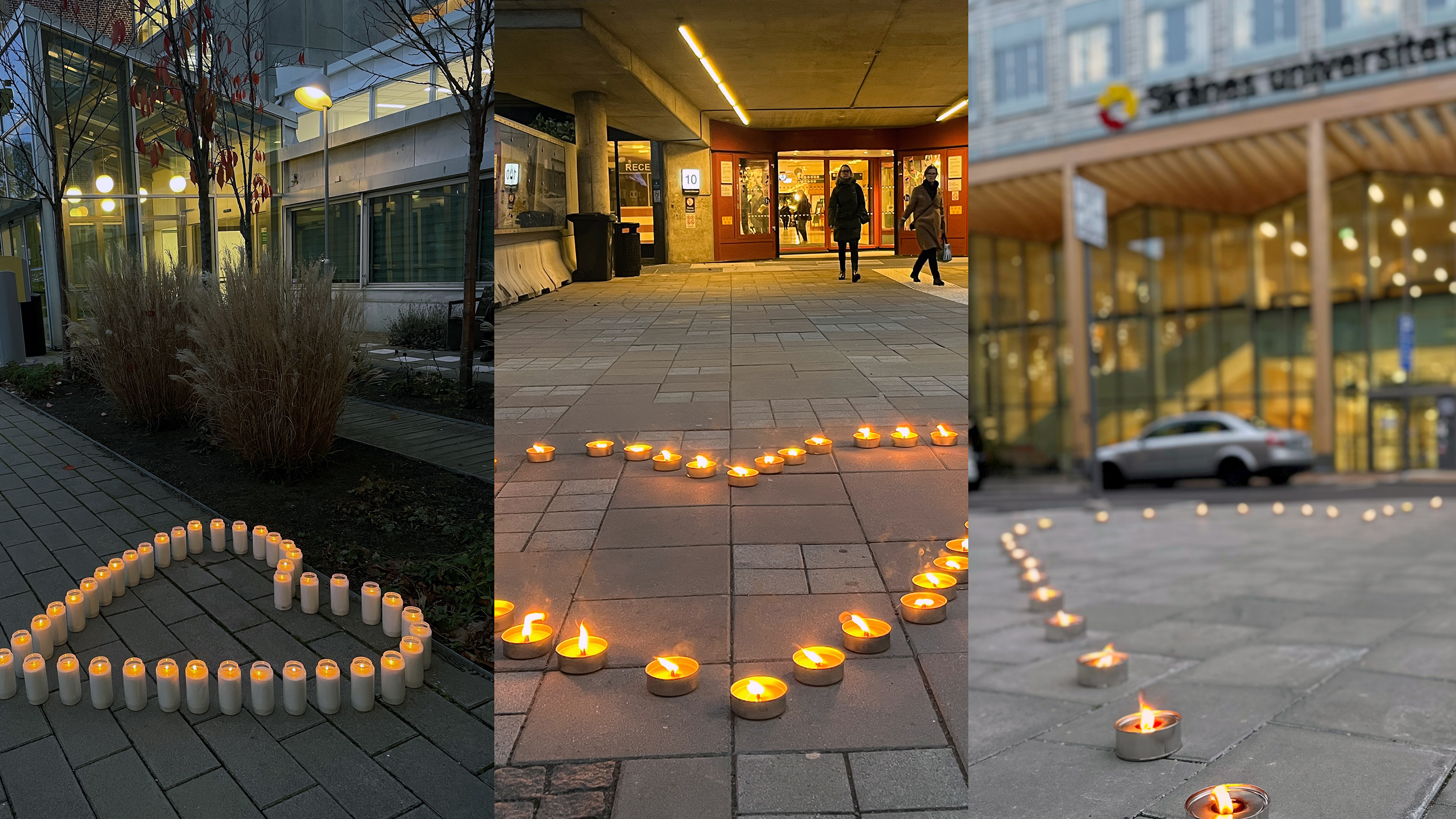 Bildcollage med tre bilder av tända marschaller framför entréerna på tre sjukhus.