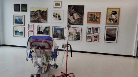 Patient på sjukhus sitter i rullstol med mycket medicinskteknisk utrustning och tittar på en vägg med olika konstverk på.