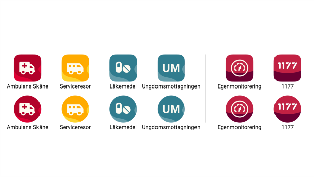 Exempel på appikoner med Region Skånes visuella identitet till vänster, och 1177:s visuella identitet till höger.