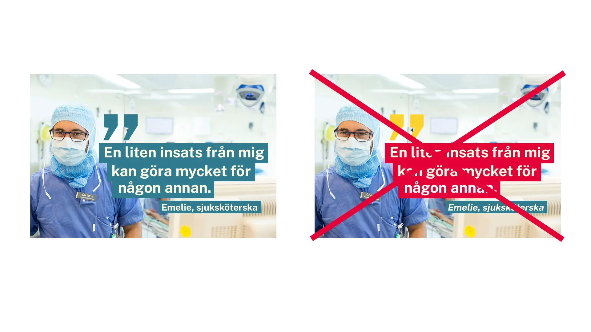 Två bilder med text bredvid varandra. Figuren till vänster visar ett exempel på när färgparet Strand används på rätt sätt. Figuren till höger visar när flera färgpar används i samma bild, vilket blir fel. På figuren till höger är det ett rött kryss över bilden.